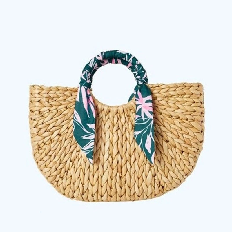 Bolso de Playa Lilly Pulitzer Mono Negocios Media Luna Bronceado Paja con Bufanda Floral Foto 2 de 4