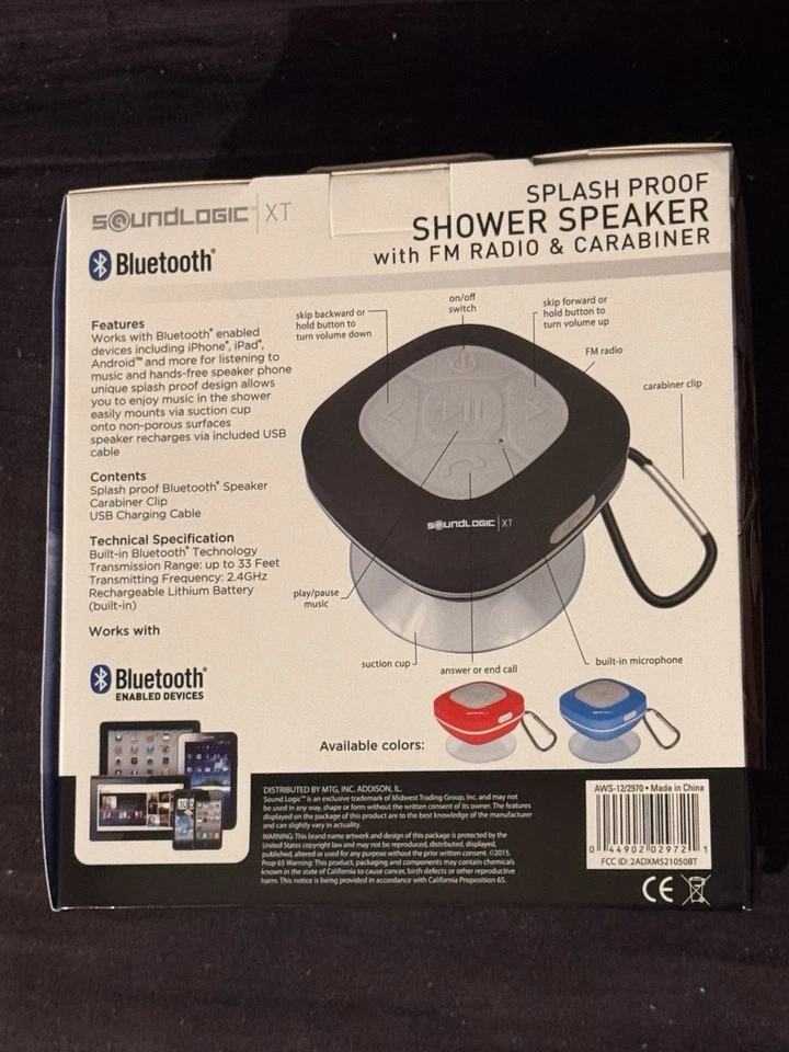 SoundLogic Bluetooth Duschlautsprecher mit UKW Radio und Karabiner in Blau - Bild 3 von 3