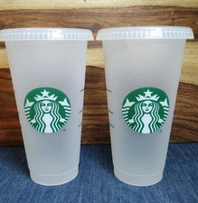 2 Starbucks Reusable Frosted White, Cold Tumbler 24oz Clear Cover Plastic Set 2