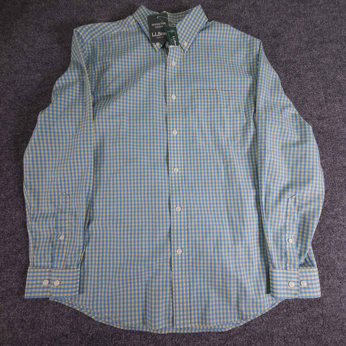 LL Bean Shirt Mens Small Blue Yellow Gingham Check TrueCool Cotton