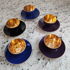 Royal Copenhagen Confetti 5 Demitasse Cups Saucers Gold Lined MCM Denmark BONUS