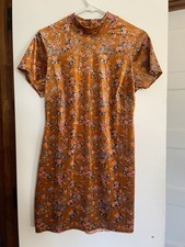 Savage X Fenty Orange Floral Velvet Mini Dress L Open Back Bodycon Mock Neck NWT