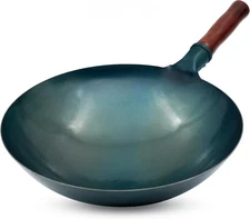 Carbon Steel Wok Traditional Hand Hammered Wok,14 Inch,Round Roasted Blue