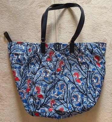 TORY BURCH Tote Sac Cabas En Nylon Logo Oiseau Femme Bleu Rouge Authentique - Photo 1/4