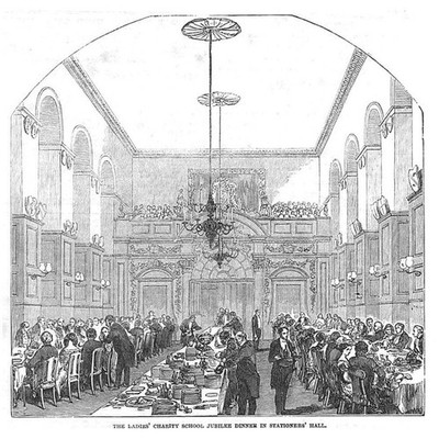 LONDON Damen Charity Schule Jubiläum Abendessen in Schreibwarenhalle alter Druck 1852