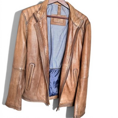 Massimo Dutti Men's Brown Leather Cafe Racer Jacket Size Large Quilted Moto