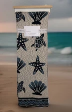 COASTAL COLLECTION BEIGE NAVY SEA TURTLE STARFISH TEXTURED KNIT THROW 50x70 NWT