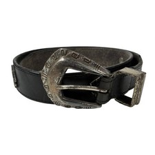 VTG 90s Southwestern Animal Motif Oil Tan Leather Belt Black Silver 32