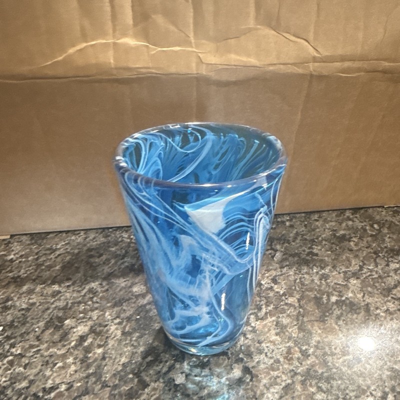 Blue & White Swirl Art Glass Tumbler Cup, Tapered Decorative Decorated