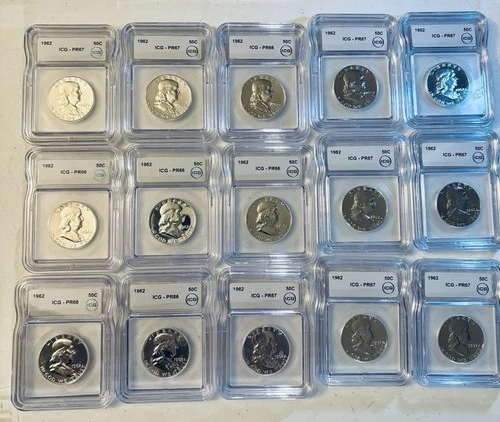 15 Pack of 1962 50c ICG PR 67 +66 Silver Franklin Half Dollar Lot ! So Clean