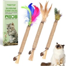 Silvervine Sticks for Cats with Natural Feather, Catnip Chew Toys for Kittens