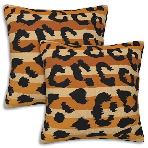 Throw Pillow Covers Set of 2 18x18 in Decorative Brown Leopard and Stripes-image