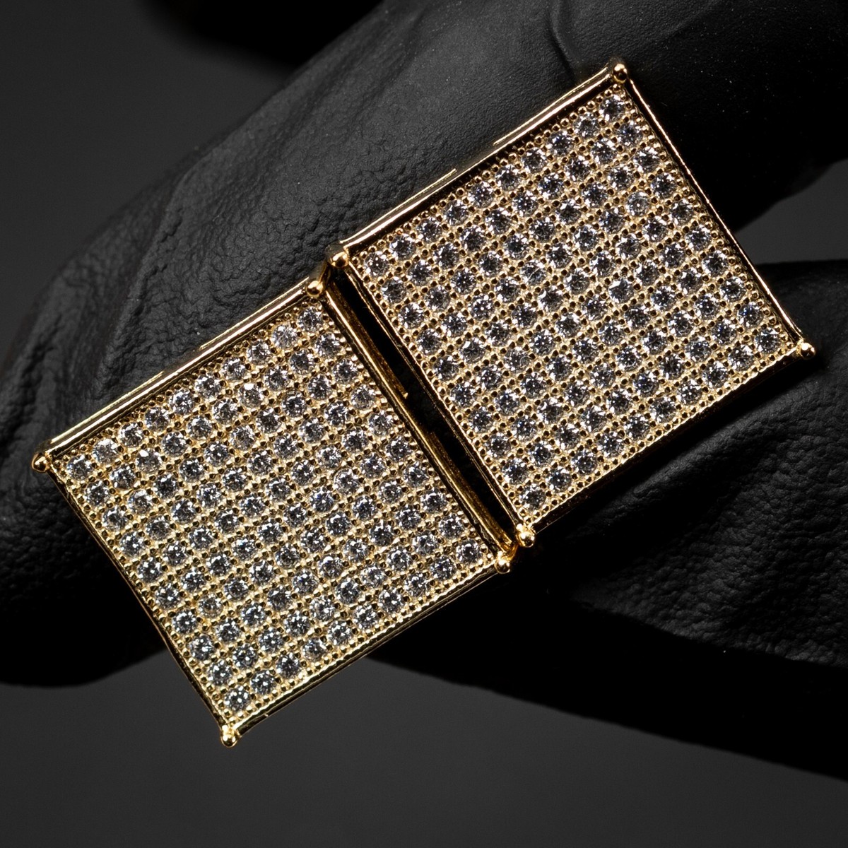 Men's 14K Gold Plated Iced Micro Pave Large Square Screw Back Stud Earrings