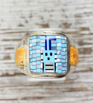 MICRO INLAY MEN'S NATIVE AM YEI INDIAN STERLING SILVER 925 TURQUOISE RING 12