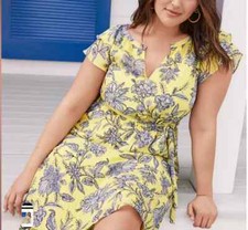 LOFT Women's M Trellis Garden Midi Dress Ruffle Sleeve Yellow Blue Feminine NWOT