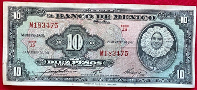 1961 Mexico 10 Pesos Tehuana Mexican banknotes Billete SERIE JS PREFIX M 183475