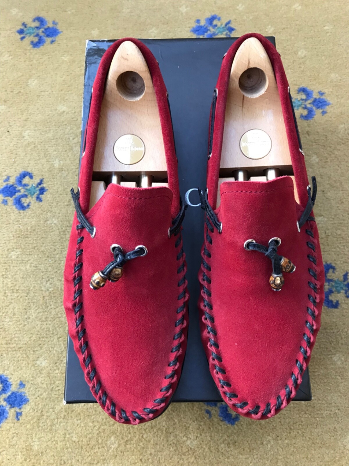Gucci Loafers Suede Shoes Red Bamboo Tassel Moccasin Mens UK 8.5 US 9.5 EU 42.5