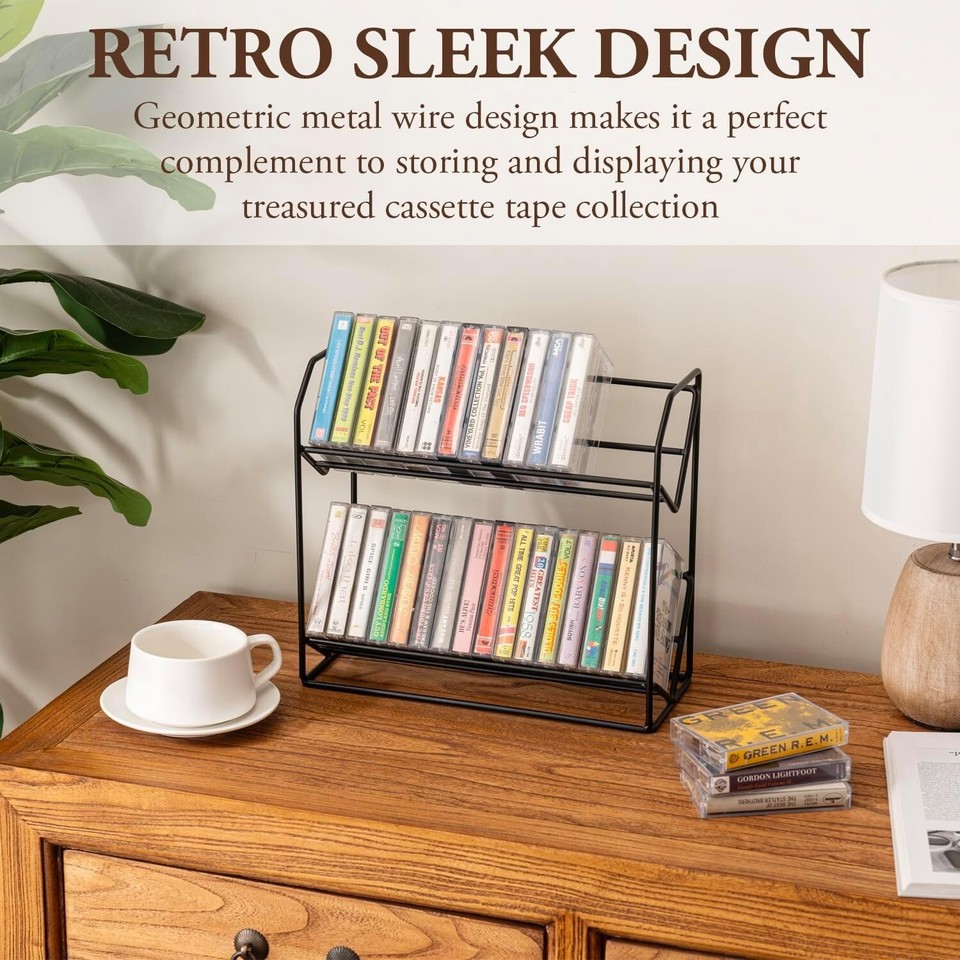 2 Tier Black Metal Wire Cassette Tape Storage Rack, Deck Holder ...