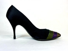 Vintage 1950's black satin stiletto heel pumps with rhinestone toe detail s. 7AA