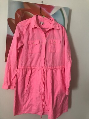 gap neon dress GAP Womens NWOT XS Neon Pink Rolled Long Sleeve Cotton Tie Waist Shirt Dress