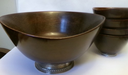 Set 5 HAND TURNED MAHOGANY SALAD BOWLS STERLING SILVER Bases Serving & 4 Indiv - 第 1/12 張圖片