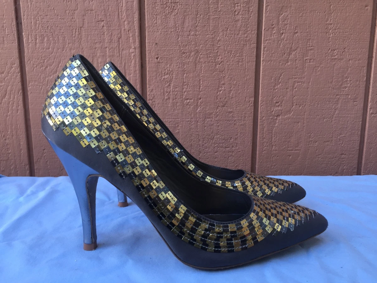 TED BAKER LANGLEY COURT LONDON SILVER GOLD SQUARE SEQUINS HEELS STILETTOS PUMPS