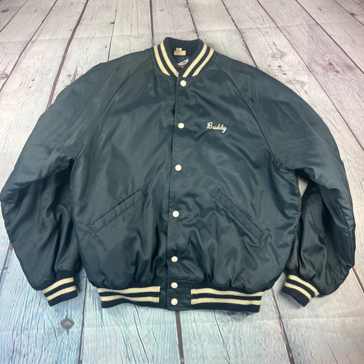 ジャケット・アウター 80s BUTWIN stadium jacket Vtg 80s Butwin Satin Jacket Size Men's L Judy Taylor Warner