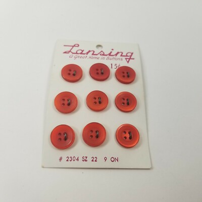 Vintage Small Red Button Four Hole Flat New Old Stock On Card Lansing