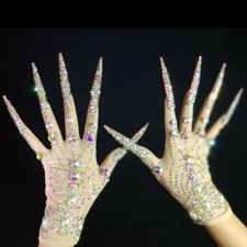 Luxury Women Rhinestones Long Nails Gloves Mitten Stage Performance Accessories