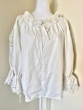 Vintage 1960s White Cotton Traditional Hungarian Folk Blouse In Elaborate Eyelet