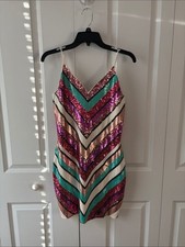 Express Sequin Chevron Mini Dress in Pink, Teal & Gold Size Medium New