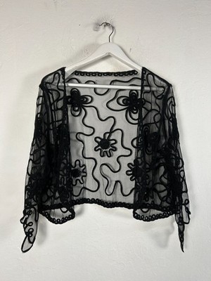Womens Sheer Black Embroidered Floral Mesh Bolero Shrug 3/4 Sleeves  Lightweight | eBay