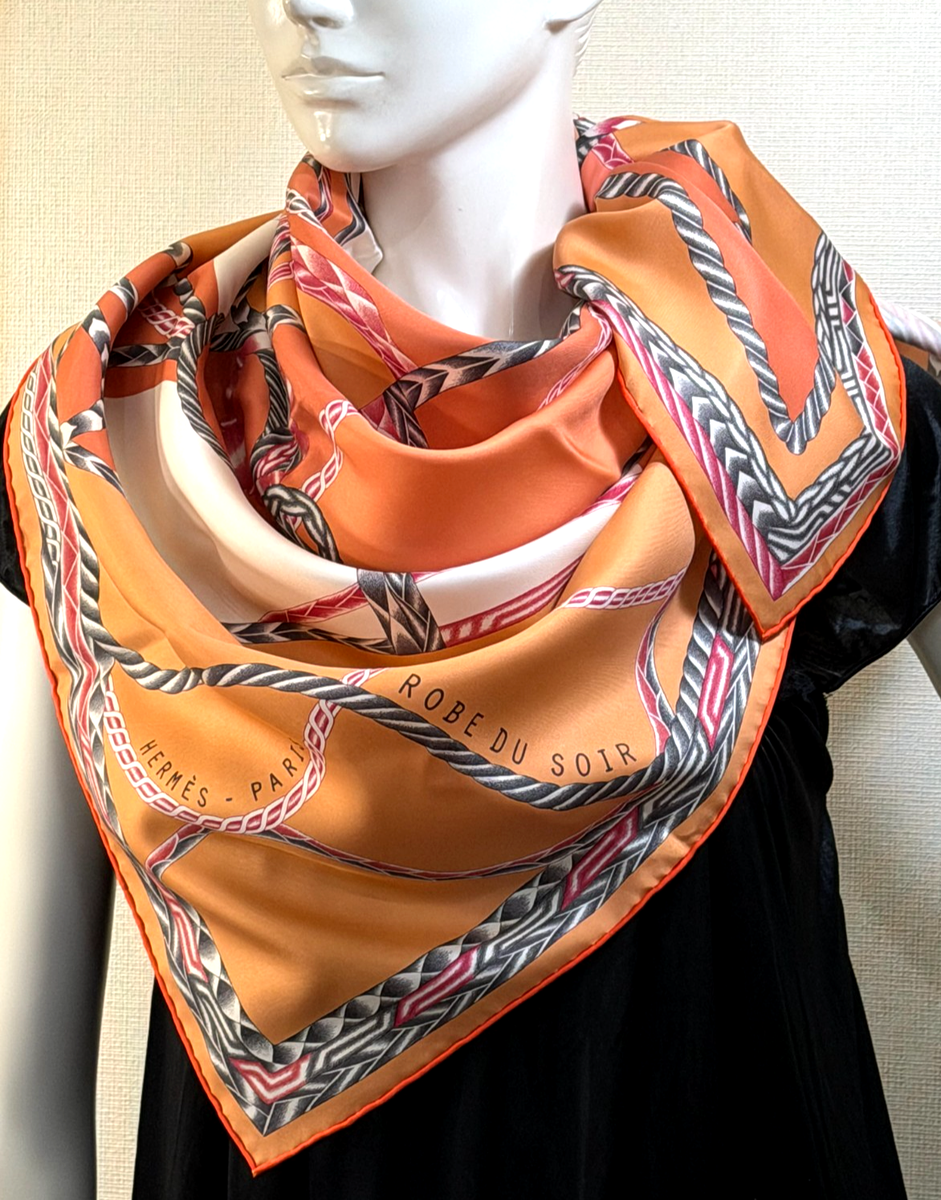 HERMES ROBE DU SOIR Carre 90 Silk Scarf Light-orange Gray #y5272