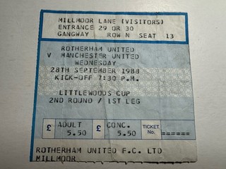 Rotherham United v Manchester United 1988 1989 League Cup Ticket