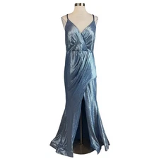 Nightway Women's Formal Dress Size 10 Blue Metallic Sleeveless Thigh Slit Gown