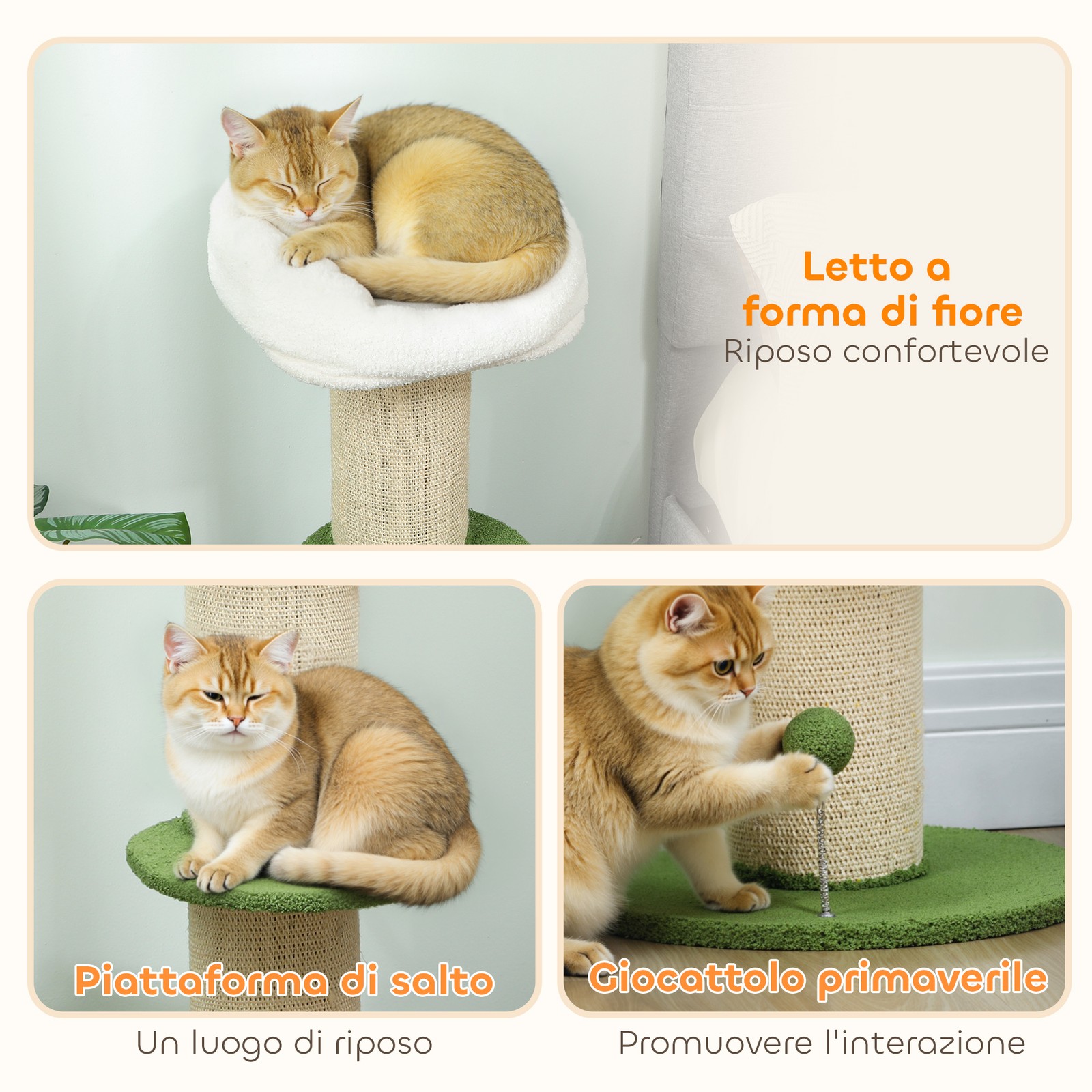 Albero Tiragraffi per Gatti Alto 92 cm con Palo in Sisal e Lettino a Forma di Fi foto 5