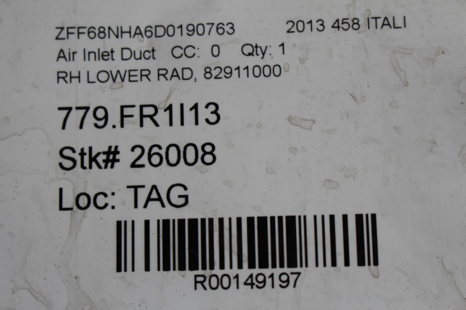 Ferrari 458 Spider Front Right Lower Air duct P/N 82911000