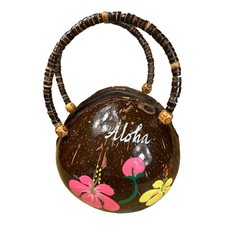 Handmade Hawaii Coconut Shell Purse Aloha Hibiscus Hand Painted Beaded Handle