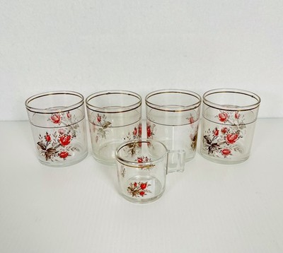 Vintage Cerve DeValbor Italy 4 Glass Set Gold Leaf Rose Pattern