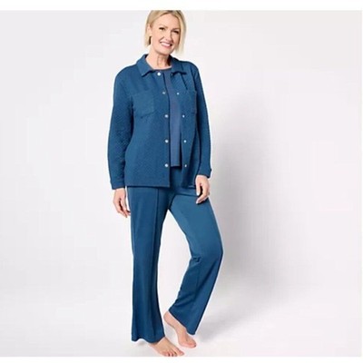 MUK LUKS 3 Piece Quilted Shacket Lounge Set Denim Blue 2X Top Pants A618773