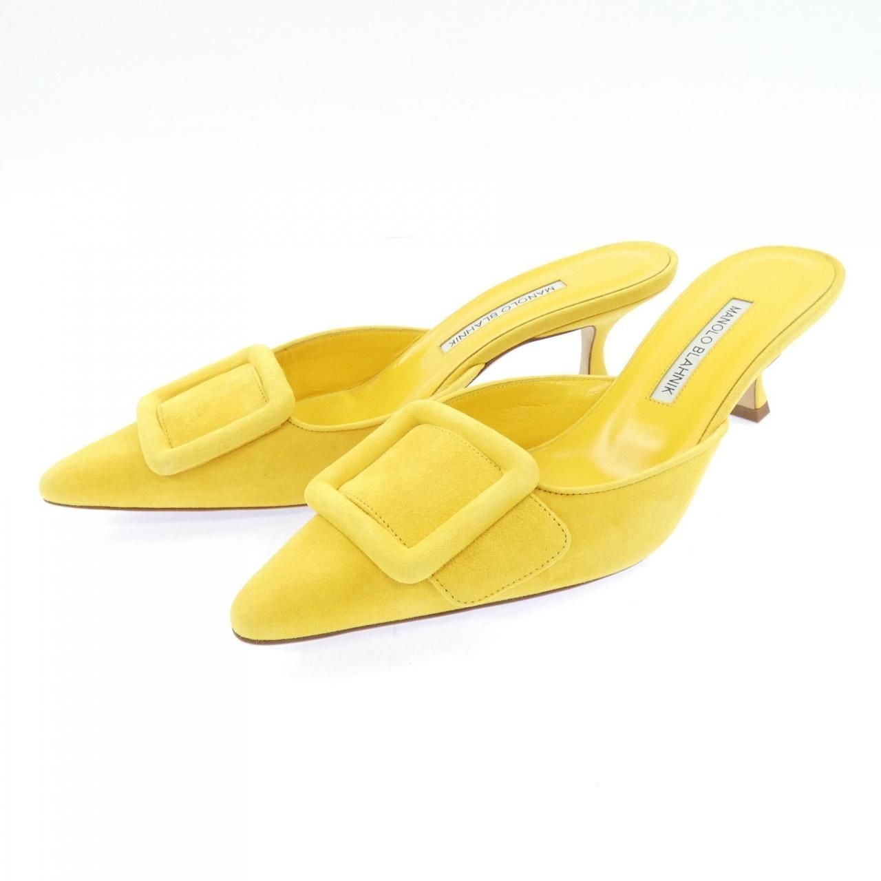 Manolo Blahnik Buckle Mules Pumps Yellow Suede Kitten Heel Women's 38 US8