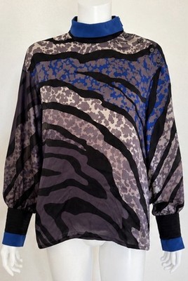 Vintage ESCADA By SRB Silk Blouse Size 42 Made In Western Germany Blue Zebra