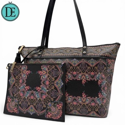 Etro Paisley PVC Tote Bag Multicolor Leather A4 Large Vintage w Pouch
