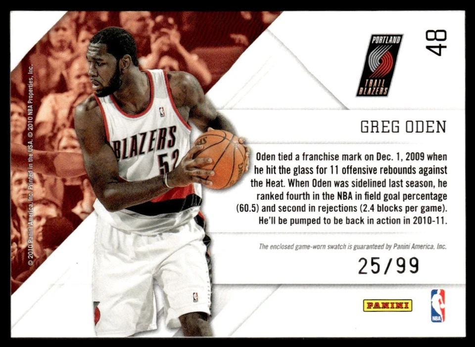2010-11 Panini Prestige Prestigious Pros Gold Greg Oden 25/99 Portland Trail - Image 2 of 2