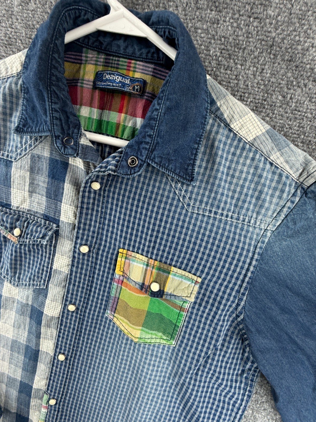 Desigual Patchwork Blue White Medium Plaid Cotton… - image 3