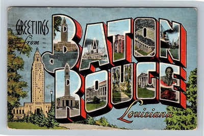 #ad Baton Rouge LA Louisiana LARGE LETTER Greetings Steamboat Linen c1954 Postcard $0.99