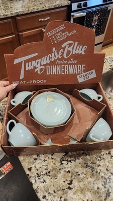 Fire king 1950s Turquoise Blue Dinnerware Starter Set New In Box