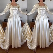 Victorian Satin Wedding Dresses Long Sleeve Sweep Train Mid Century Bridal Gowns