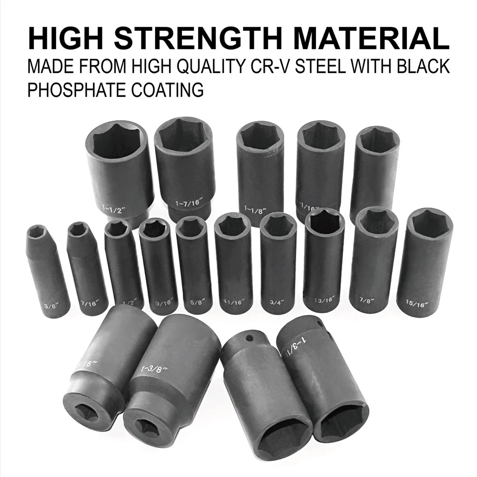 19pcs 1/2" Impact Socket Set, 6-Point Deep Socket, Cr-V Steel, 3/8 inch - 1-1... - Image 4 of 4