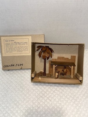 VTG Handcarved Nativity Scene Spanbäume Tree Spalted Wood Base Erzgebirge W BOX